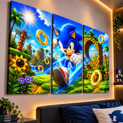 Quadro Sonic The Hedgehog 3 Peças Infantil Decoração Quarto Menino Gamer Setup Parede MDF