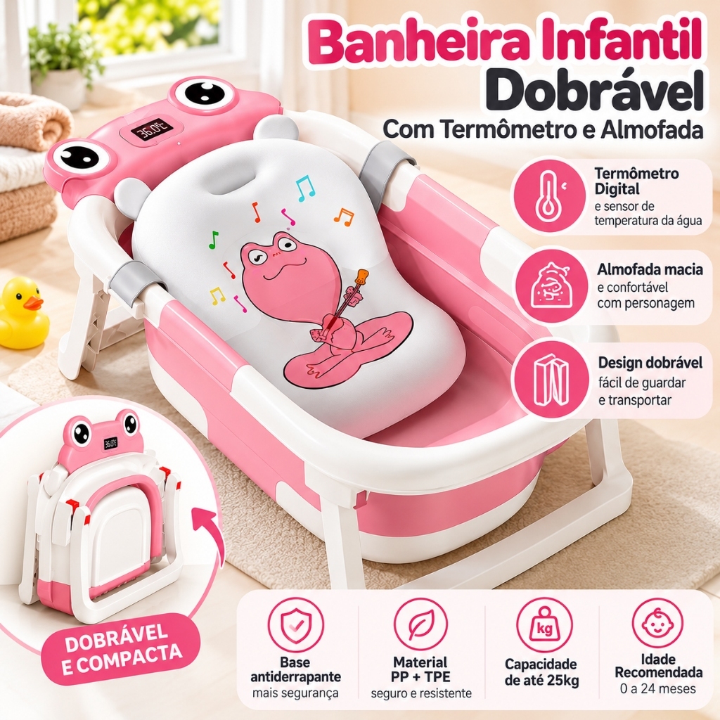 Banheira Infantil Dobrável Com Termômetro Digital E Almofada Portátil Rosa, Verde e Azul