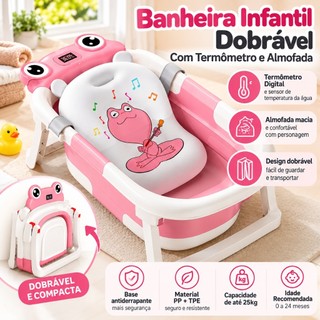 Banheira Infantil Dobrável Com Termômetro Digital E Almofada Portátil Rosa, Verde e Azul