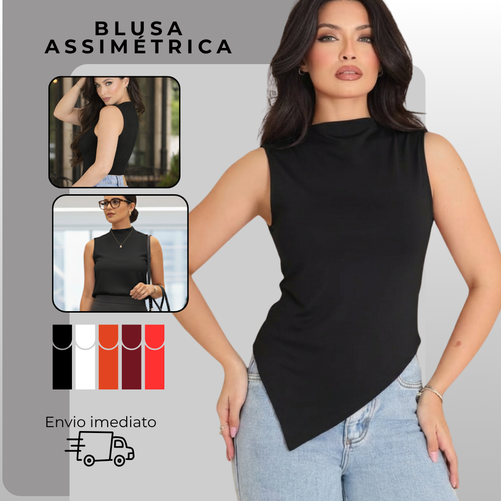 Blusa Feminina Assimétrica Gola Alta Elegante Social Casual Lisa com Costura Reforçada do P ao G