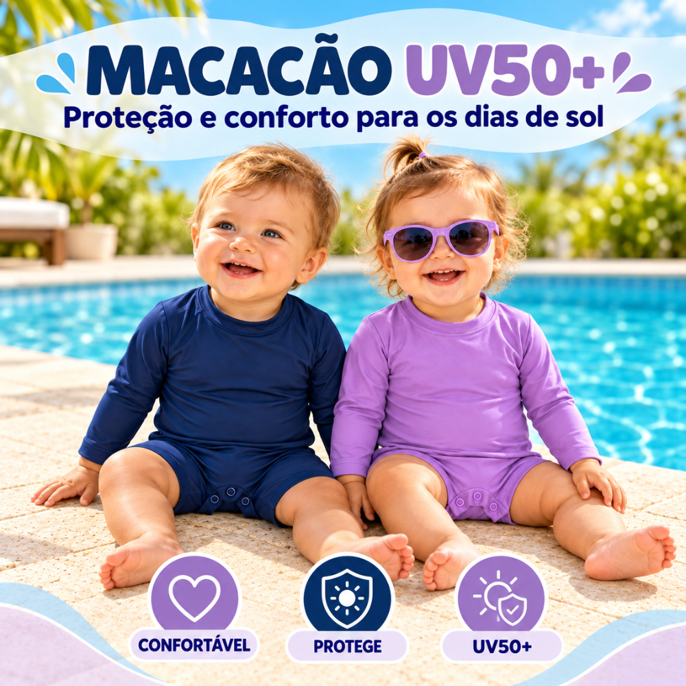 Macacão Curto Bebê Manga Longa Romper Macaquinho Proteção Solar UV50+ Poliamida  Praia Verão Piscina