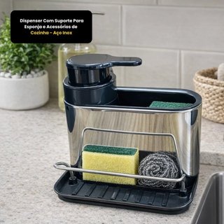 Dispenser De Detergente Com Suporte Para Esponja e Outros Acessórios de Cozinha Design Elegante- Aço Inox