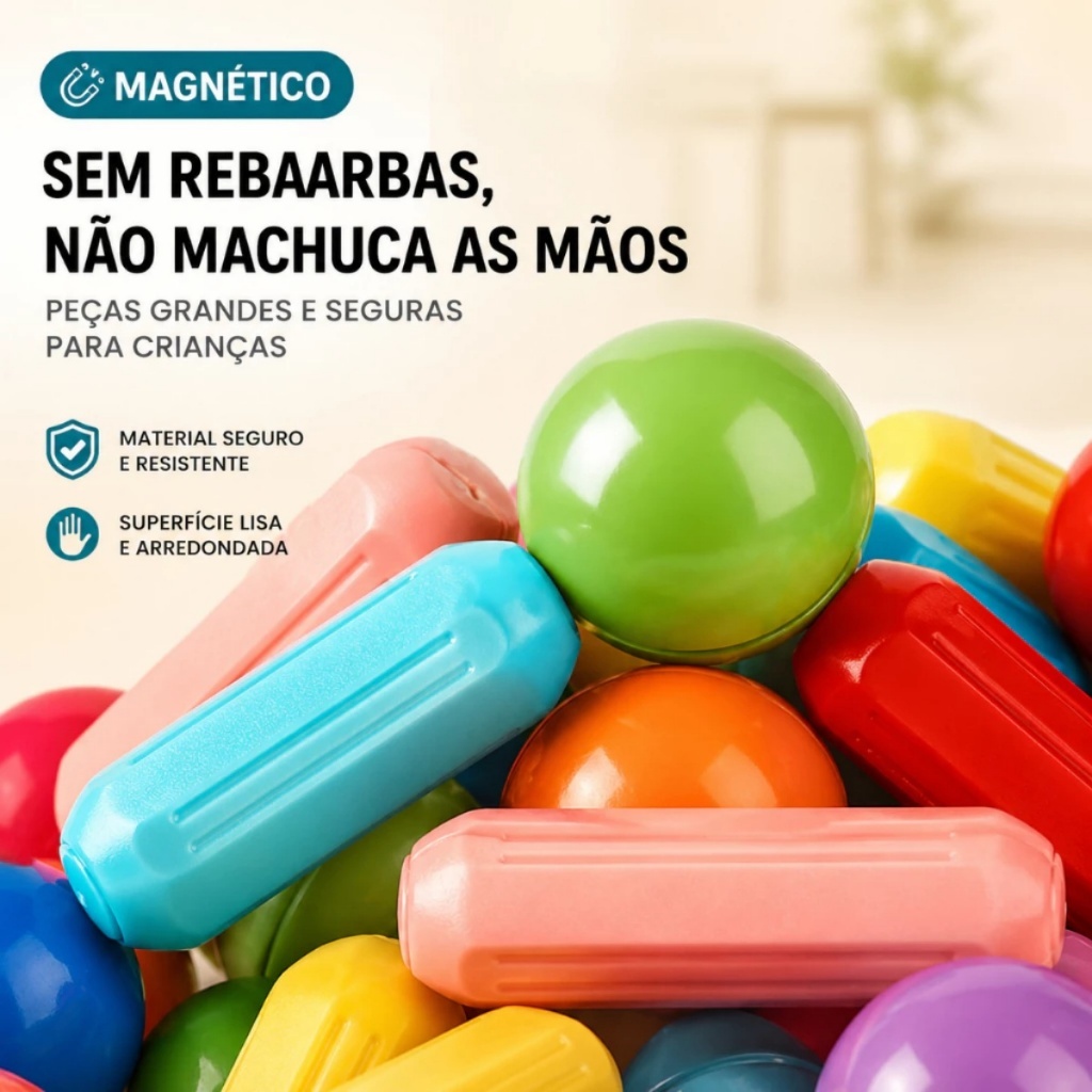 Blocos Magnéticos 52/66 Peças Barras e Bolas Brinquedo Educativo Montagem Criativa Moderno 3D — imagem 2 de 2