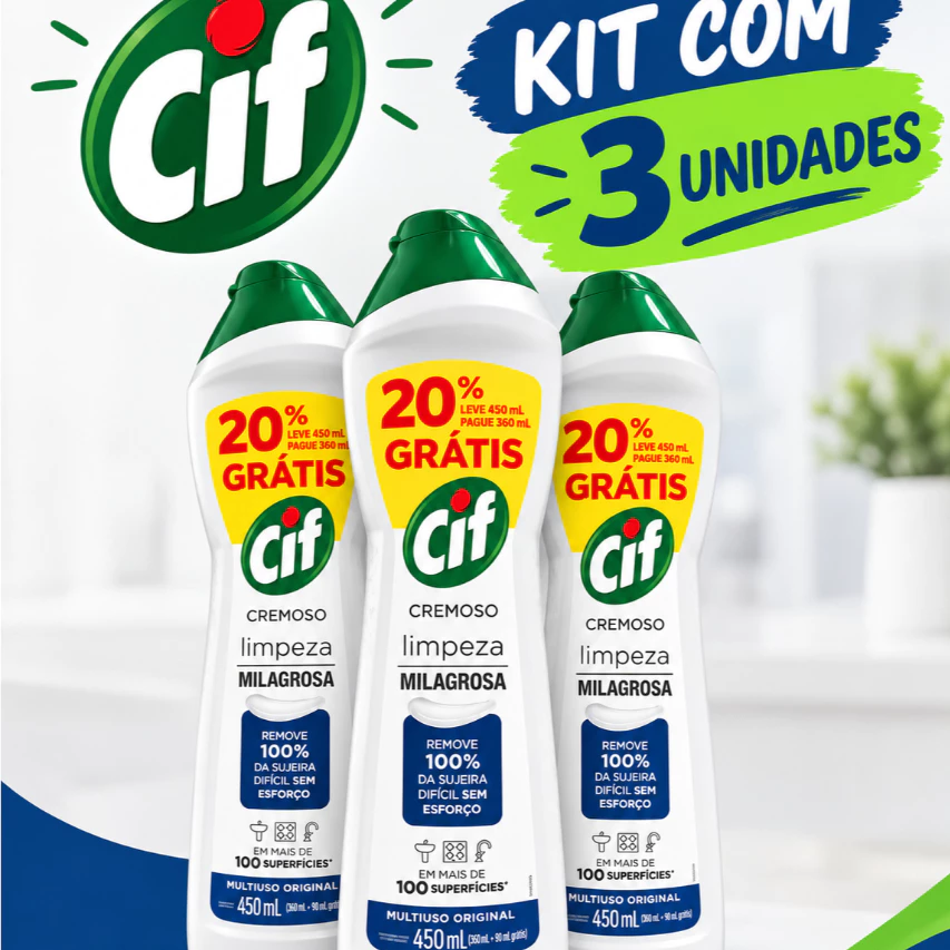 KIT C/ 3UN Limpador CIF Cremoso Original 450ml – Limpeza Milagrosa Multiuso Remove gordura e sujeiras difíceis