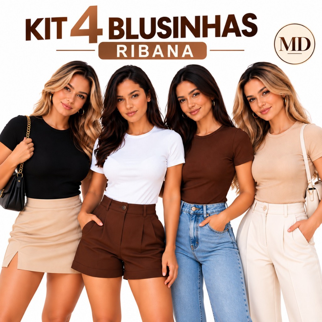 Kit 4 Blusinhas Femininas Ribana Canelada Baby Look Manga Curta Gola Redonda Básica Casual