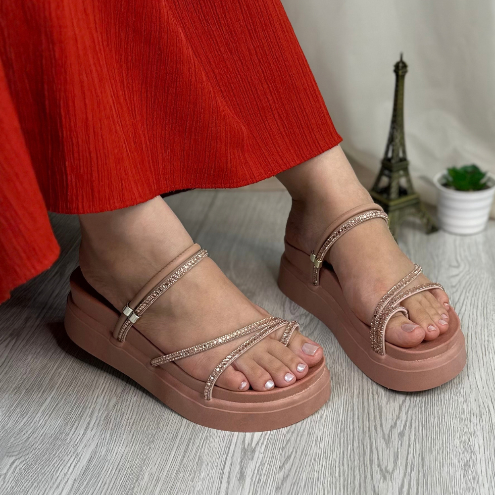 Sandalia Papete Dedinho Plataforma Alta Flatform Strass Birken Confortavel Moda Casual