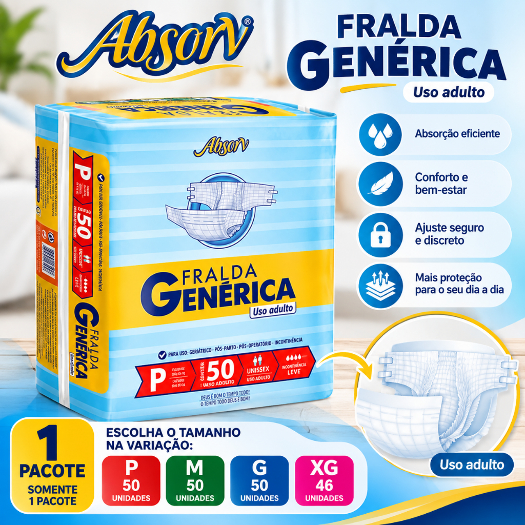 Fralda Geriátrica Adulto Absorv Genérica P M G XG 1 Pacote Alta Absorção