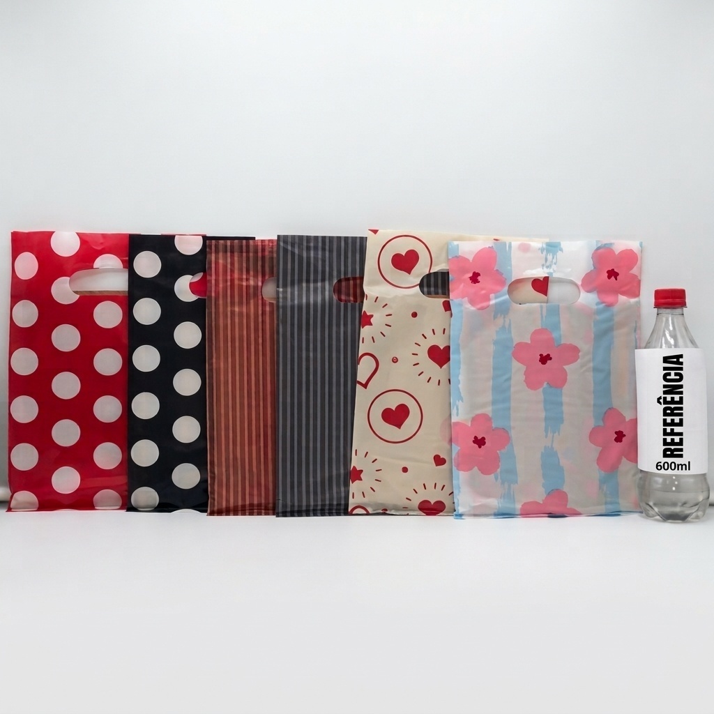 Kit 50 Sacolas Plásticas Grandes com Alça – Estampas Variadas para Lembrancinhas