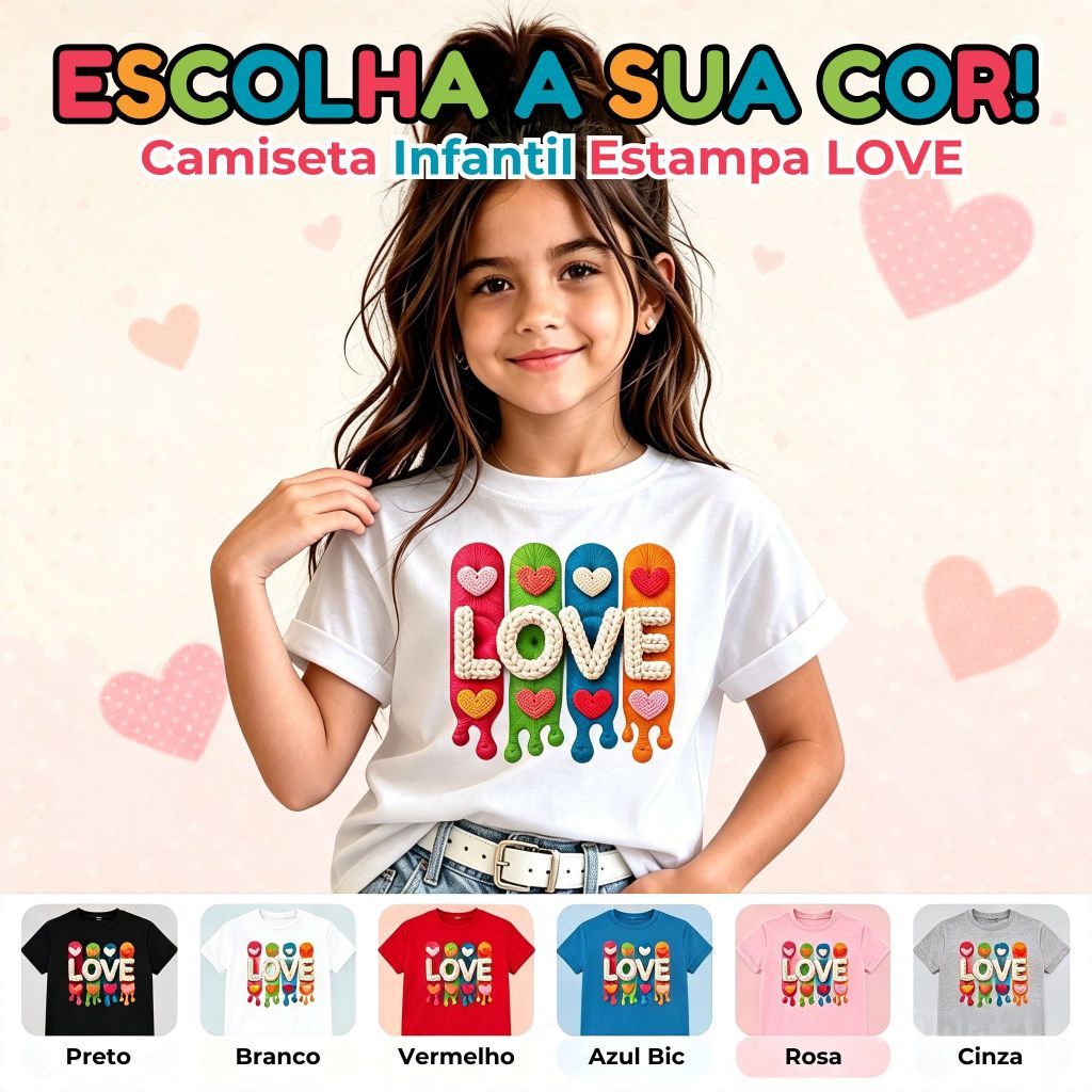 Camiseta Infantil Estampada Love Vários Cores Menina Modinha Estilosa 100% Algodão Dia Das Crianças Blogueira Camisa