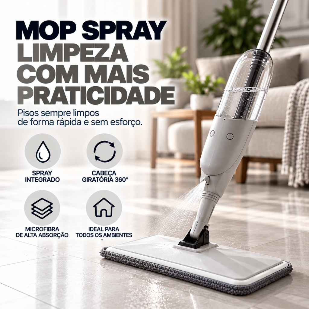 Mop Spray com Reservatório 380ml Microfibra Giratório 360° para Limpeza de Pisos