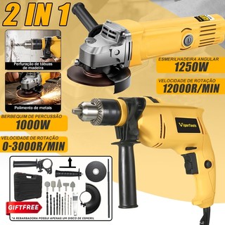 110V/220V Kit Furadeira de Impacto 100mm e Esmerilhadeira Angular e caixa plástica Com Acessórios gratuitos promocional
