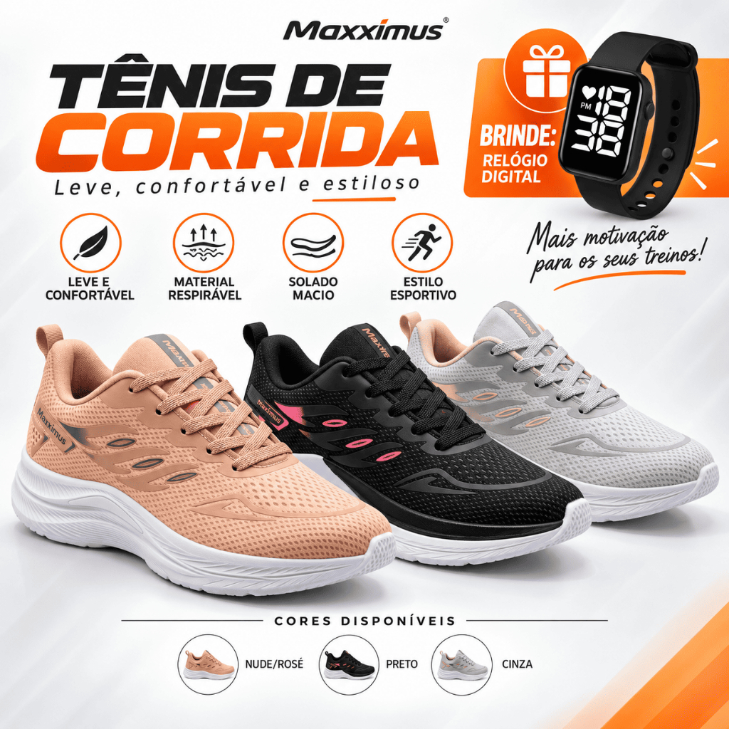 Tênis Feminino Esportivo Maxximus Leve Confortável Respirável Academia Caminhada Dia a Dia