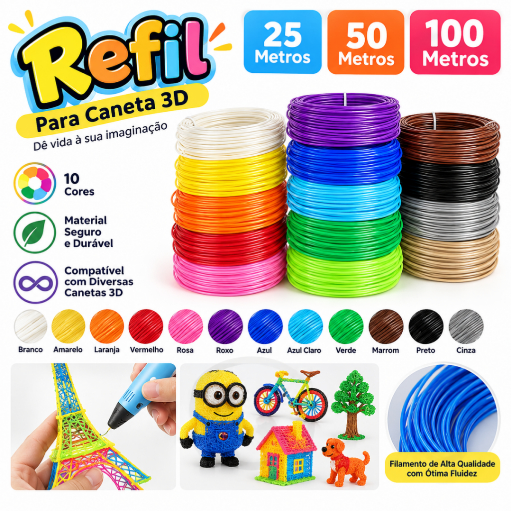 Refil Caneta 3D Fio 25M 50M 100M Filamento ABS 5 A 10 Cores Impressora Manual Infantil Pintura 3D