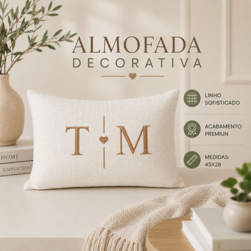 Almofada Baguete Retangular Bordada Personalizada Iniciais Casal Bordado Inicial Decoração Cama BRINDE Enchimento