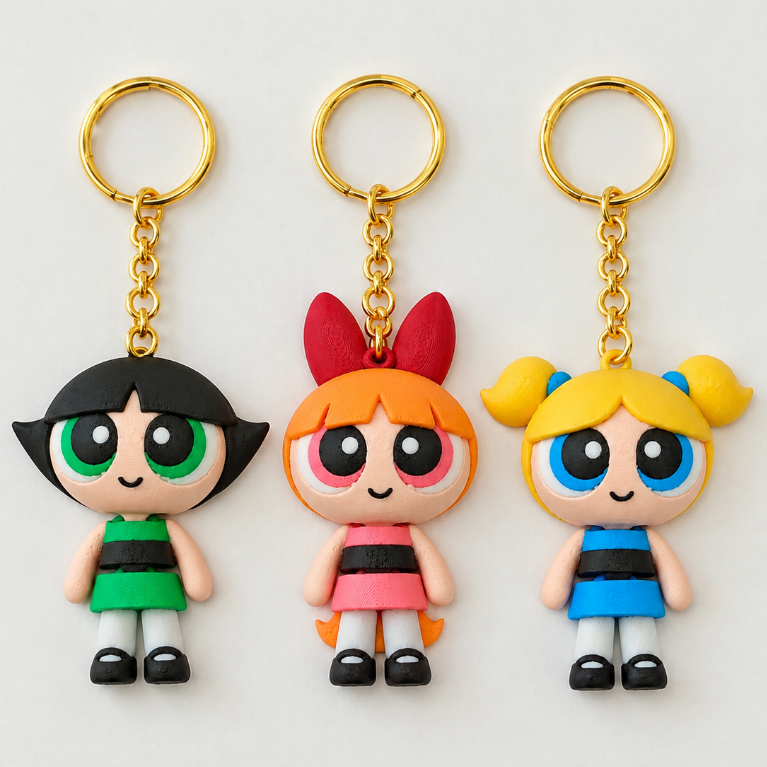Chaveiro Meninas Superpoderosas | Florzinha, Lindinha e Docinho | PPG | Power Puff Girls | Impressão 3D | Chaveiro Geek