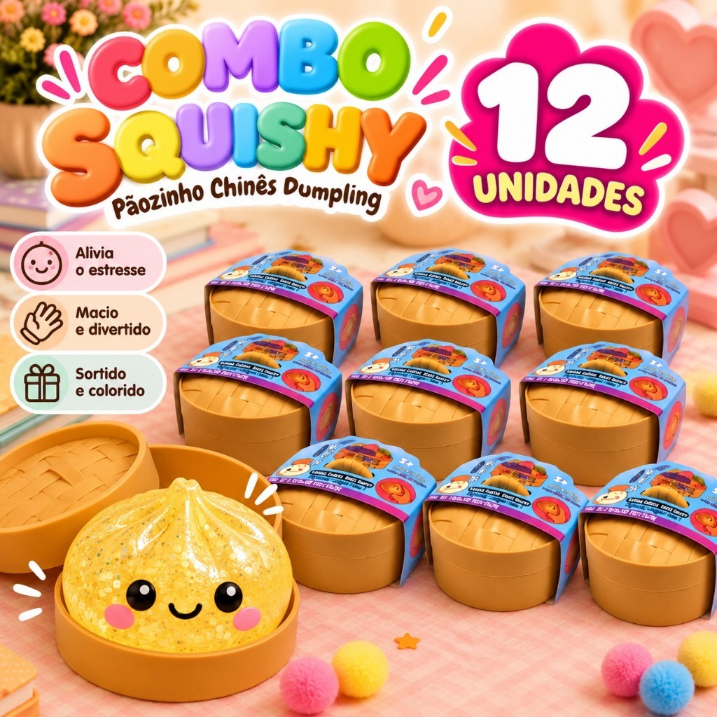 Combo 12 Squishys Pãozinho Grande Chinês Tik Tok Dumpling Antiestresse Brinquedo de Apertar Macio Sortido Comércio Lojas