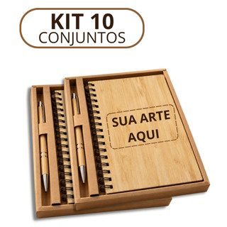 Kit 10 Caderno com Pauta Caneta Personalizada Bambu Nome 2 Peças Caixa Presente