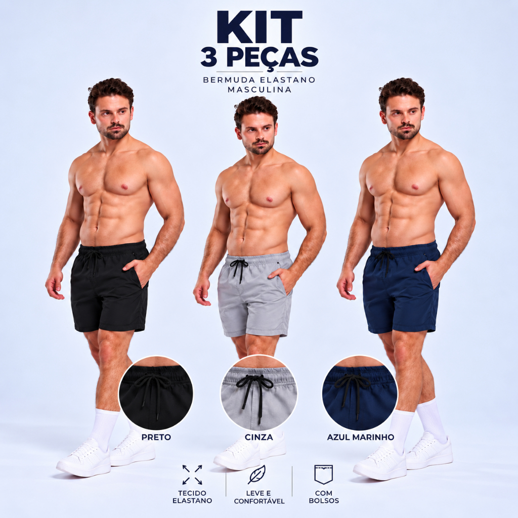 KIT 3 BERMUDAS MASCULINAS ELASTANO CONFORTÁVEIS MODA MASCULINA TENDENCIA