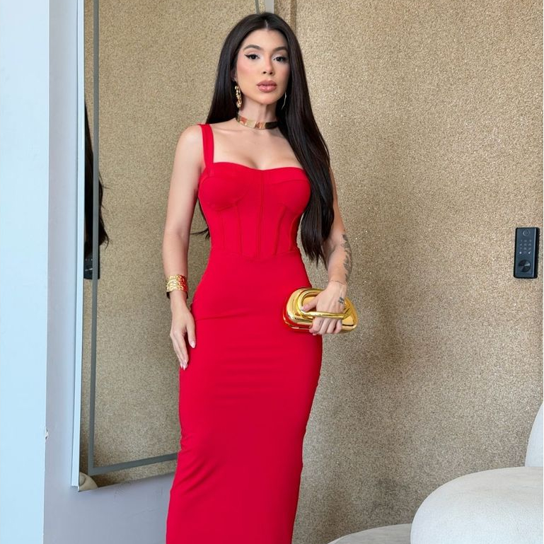 Vestido Midi Feminino Elegant Estilo Corset com Alças Poliamida com Elastano