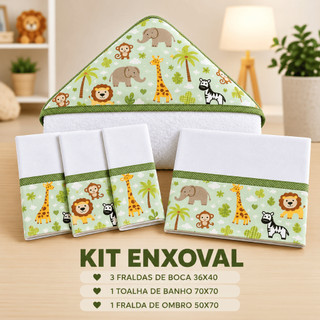 Kit Enxoval Bebê Menino Safari e Menina 3 fraldas De Boca 1 Toalha De Banho com capuz e 1 Fralda De Ombro 100%Algodão