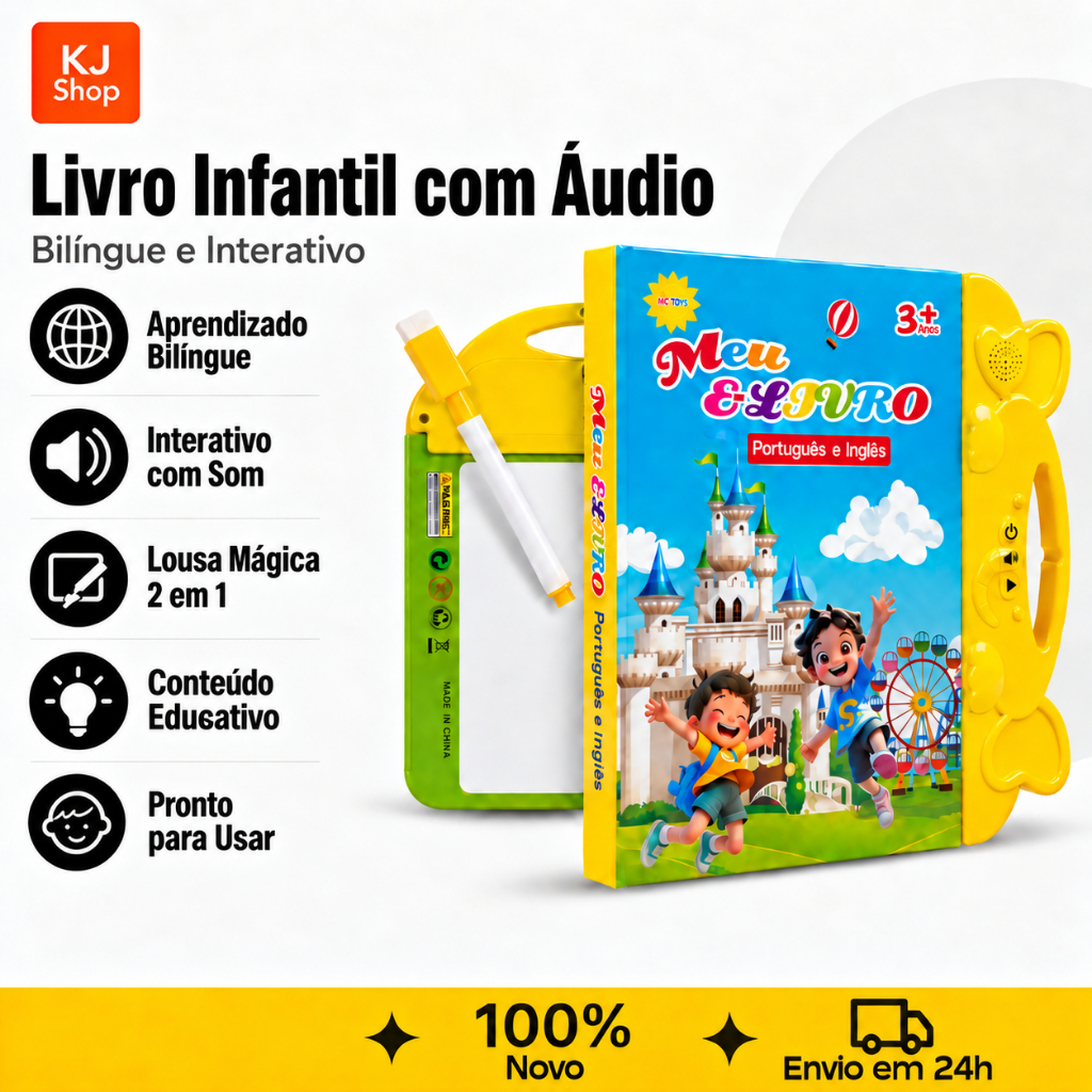 Livro Educativo Bilíngue Interativo Com Som e Lousa Mágica 2 em 1 Brinquedo Infantil