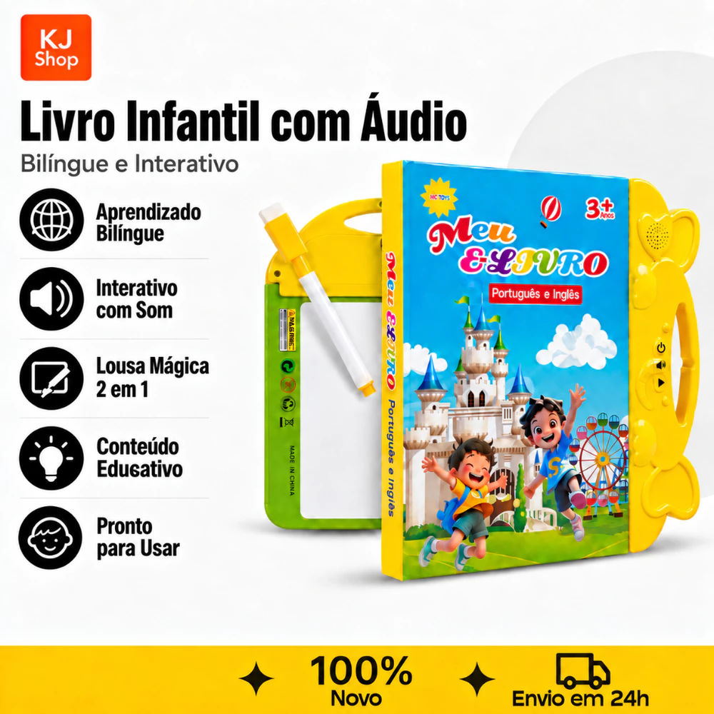 Livro Educativo Bilíngue Interativo Com Som e Lousa Mágica 2 em 1 Brinquedo Infantil