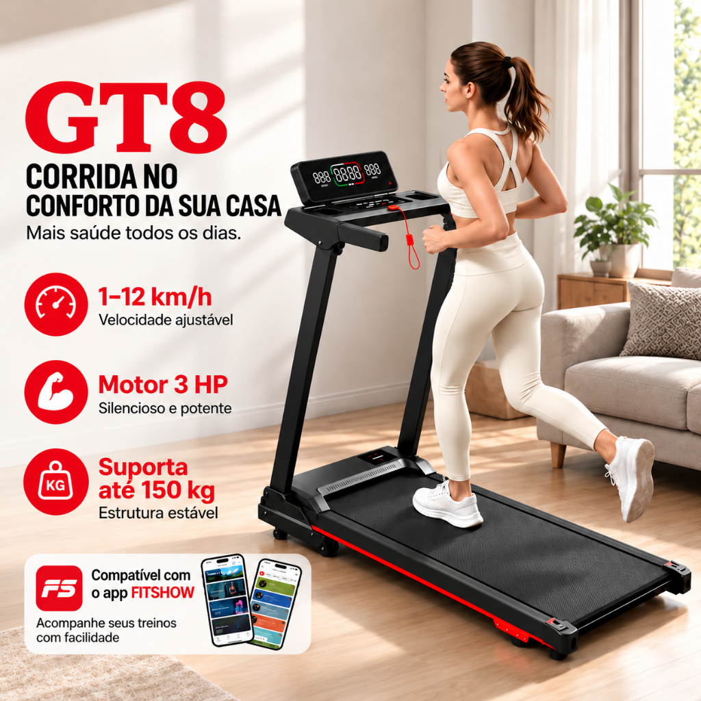 Esteira Ergométrica Elétrica 3HP Silenciosa Dobrável com 12km/h, Capacidade 150kg Uso Residencial 110V/220V PBJ-GT8