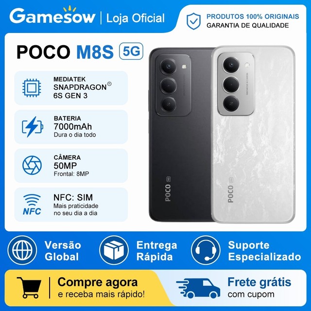 Poco M8S 5G, Versão Global, 128/256GB + 6/8GB RAM, Processador Snapdragon 6s Gen 3, Bateria 7000mAh