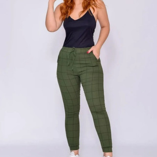 Calça Feminina Xadrez Quadriculada Listrada Calça Jogger Bengaline Calça Feminina