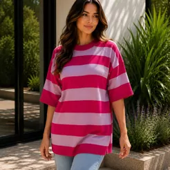 Blusa Tricot Listra Modal T-Shirt Feminina Manga Curta Camiseta Listrada Verão