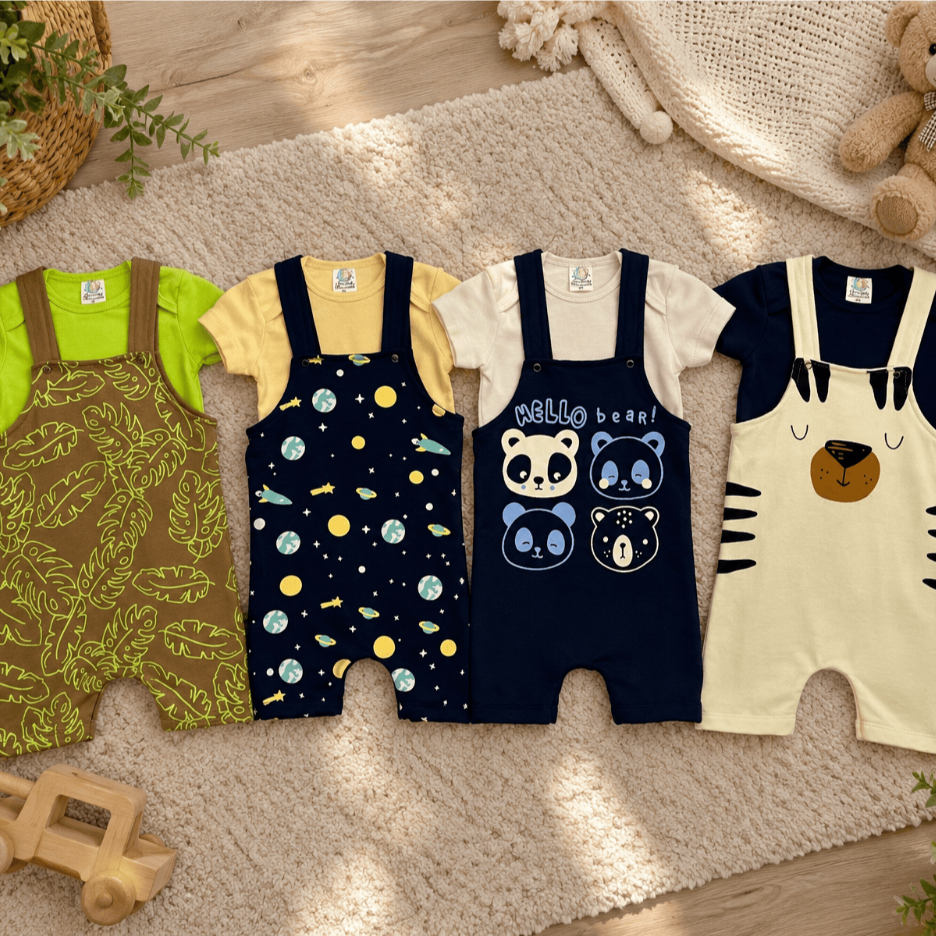 Kit 4 Conjuntos Sortidos Bebê Menino Body+Jardineira Algodão Masculino Roupa Infantil Estampa Para Verão Passeio