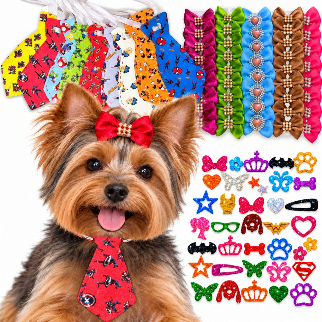 Kit 50 a 200 Acessórios Pet Shop Laços Gravatas e Apliques para Banho e Tosa Adesivos Lacinho Cães