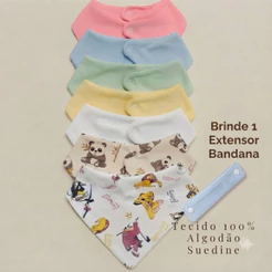 Kit com 5 Babador, Brinde 1 Extensor, Estampado e Misto, Bandana Bebê Infantil , 100% Algodão Suedine, Cores Sortidas.