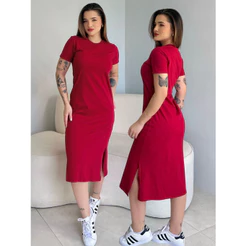 Vestido Midi Com Fenda Lateral Manga Curta Básico Elegante Casual 100% Algodão