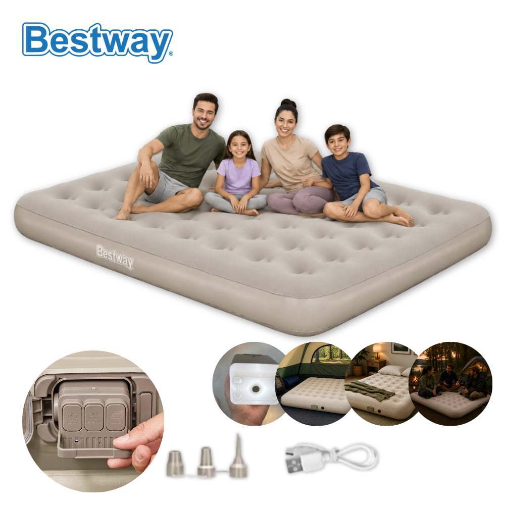 Colchão Inflável Casal Queen Bomba Recarregável Elétrica Lítio USB + Lanterna 3 Níveis Para Camping e Casa Bestway