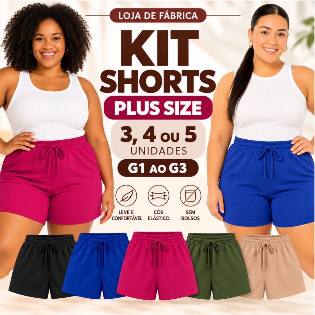 Kit 3, 4 ou 5 Short Plus Size Duna Soltinho Com Elástico Moda Verão G1 G2 G3