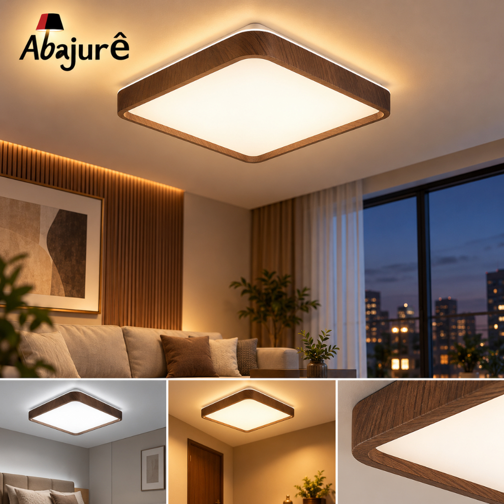 Plafon Wood Madeira Quadrado Led 30cm 3 Em 1 Plafon Sobrepor Quadrado Lustre Amadeirado