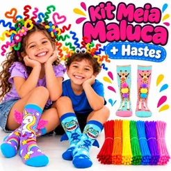 Kit Meia Maluca Infantil + Haste Chenille Colorida para Cabelo Maluco Escola Festa Temática