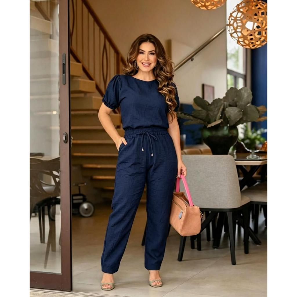 Conjunto Feminino Casual Sofisticado em Linho Blusa Calça Cós Alto Elegante Cores Festa Winner — imagem 2 de 2