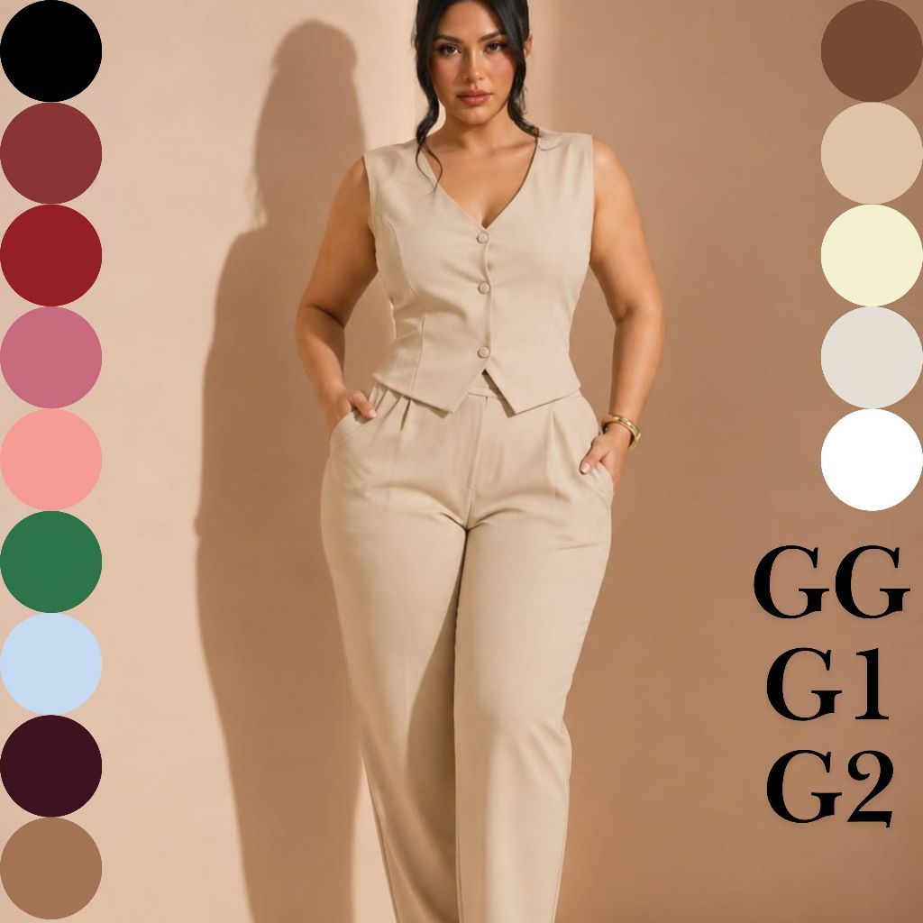 conjunto feminino moda plus size calça e coletinho de botão, tecido alfaiataria luxo