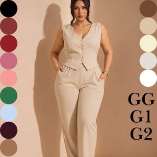 conjunto feminino moda plus size calça e coletinho de botão, tecido alfaiataria luxo