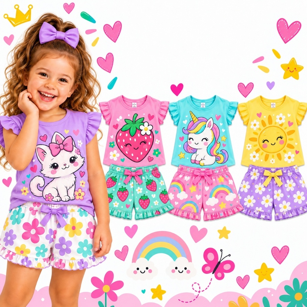 Kit Sortidos 2 ou 4 Peças Roupas Infantil Menina Verão Conjuntos de Verão Menina Bebê Blusa Manga Curta e Shorts