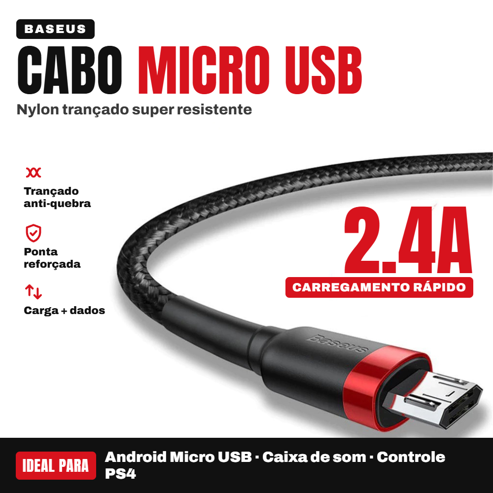 Cabo Micro USB V8 Baseus Turbo 2.4A Nylon Trançado 1m Carregamento Rápido Android, Samsung, Motorola, Xiaomi