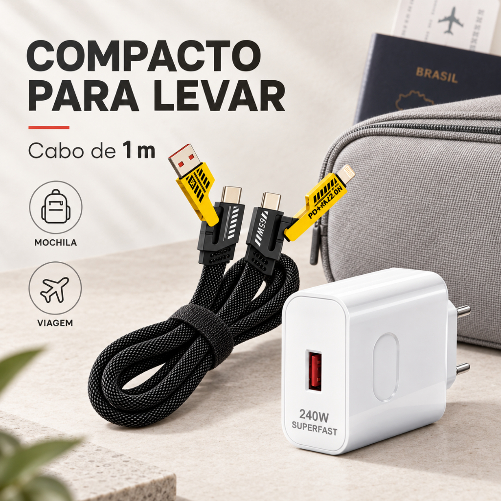 Carregador GaN 240W com Cabo 4 em 1 PD Compatível iPhone Samsung Motorola