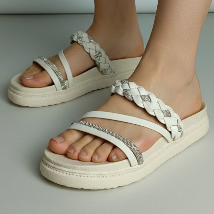 Papete Feminina Sandália Plataforma Trançada com Strass Tiras Elegante Casual Confortavel