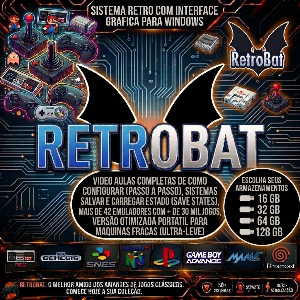 PENDRIVE RETRO GAMER RETROBAT WINDOWS PORTATIL + 42 EMU + 30 MIL J P/ PC E NOT FRACOS