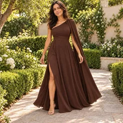 Vestido Longo de Festa Feminino Um Ombro Só Com Capa e Fenda Lateral Madrinha Formatura Casamento Convidada