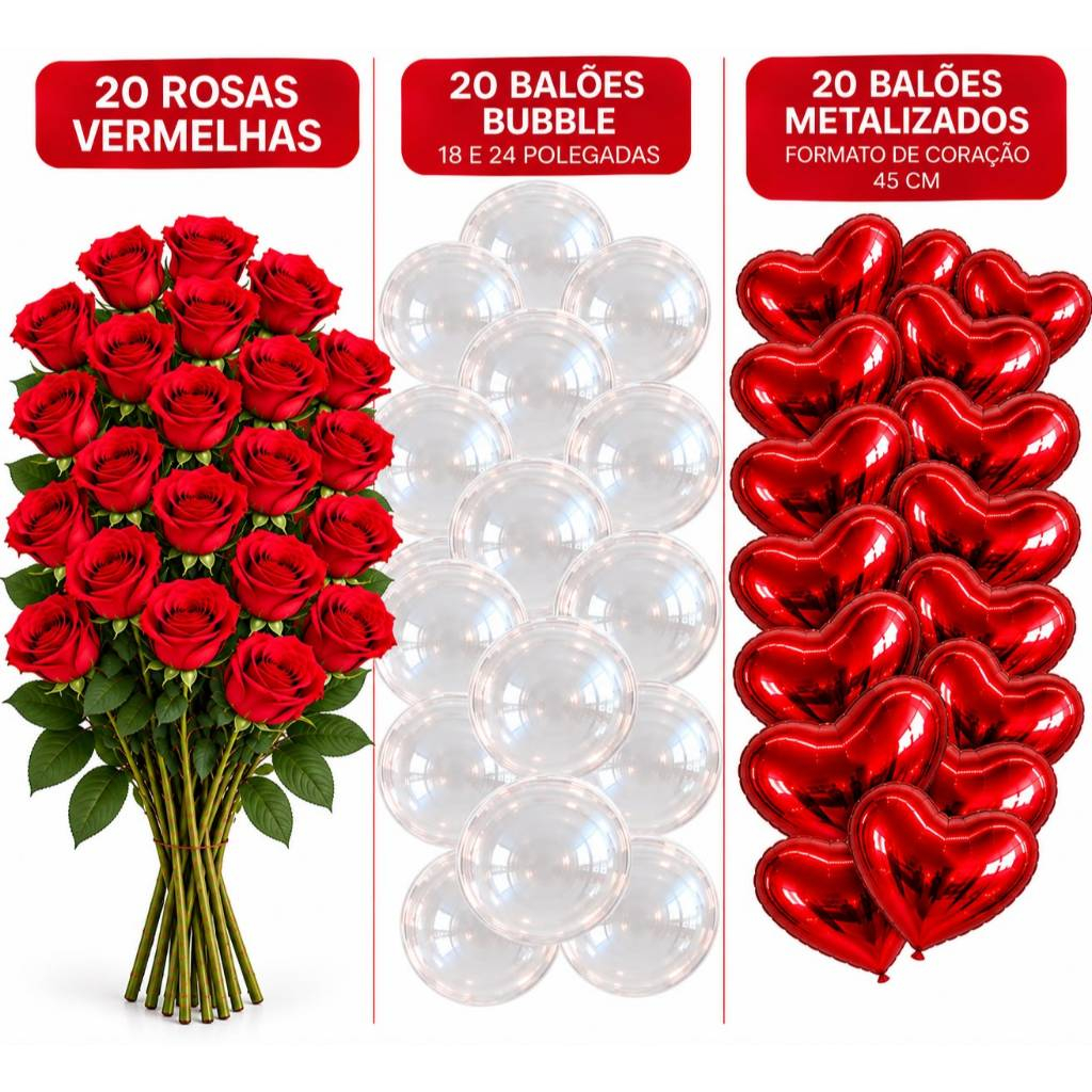 Kit Baloes Rosas Vermelhas, Balões Buble 18 ou 24, Balões de Coração 45 cm