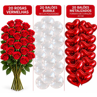 Kit Baloes Rosas Vermelhas, Balões Buble 18 ou 24, Balões de Coração 45 cm