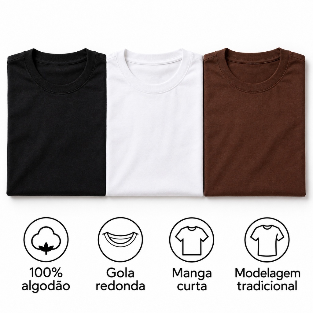Kit 3 Camisetas Masculinas 100% Algodão Básicas Macias Respirável Uso Diário Alta Qualidade — imagem 2 de 2